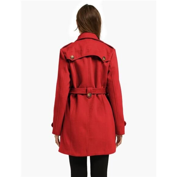 Women's Double Breasted Pea Coat Winter Mid-Long Trench Coat with Belt - Picture 4 of 6